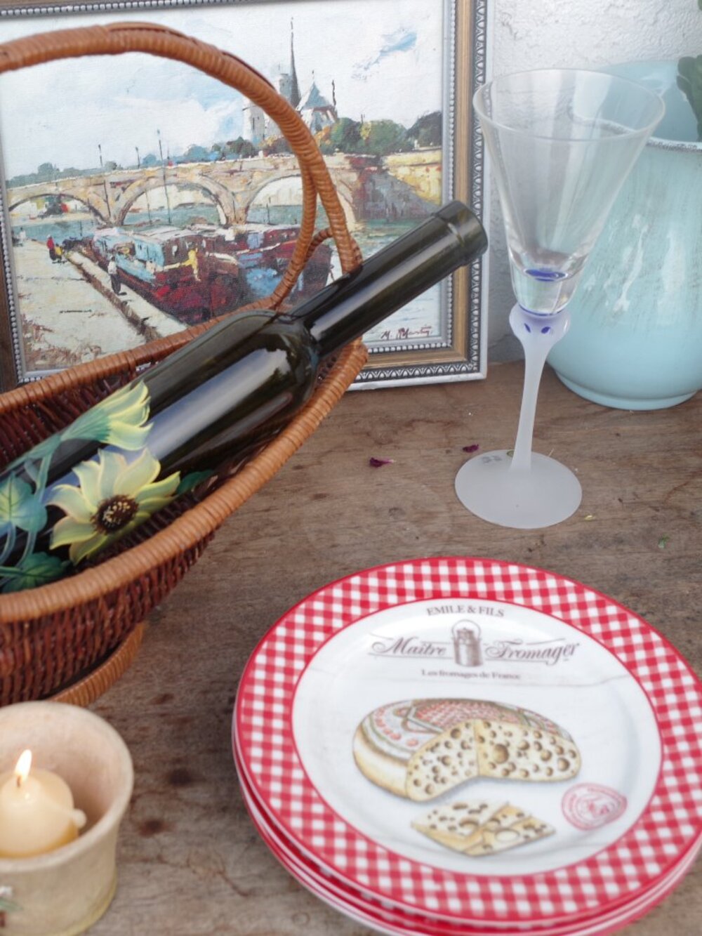 Country Beautiful French Checkered Red And White Plates With Cheese On them